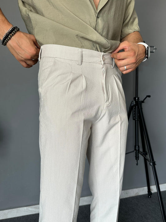 Pantalon Élégant à Double Paça Beige