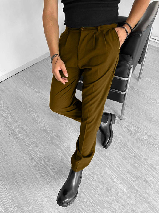 Pantalon Marron Ample Plissé à Jambes Droites